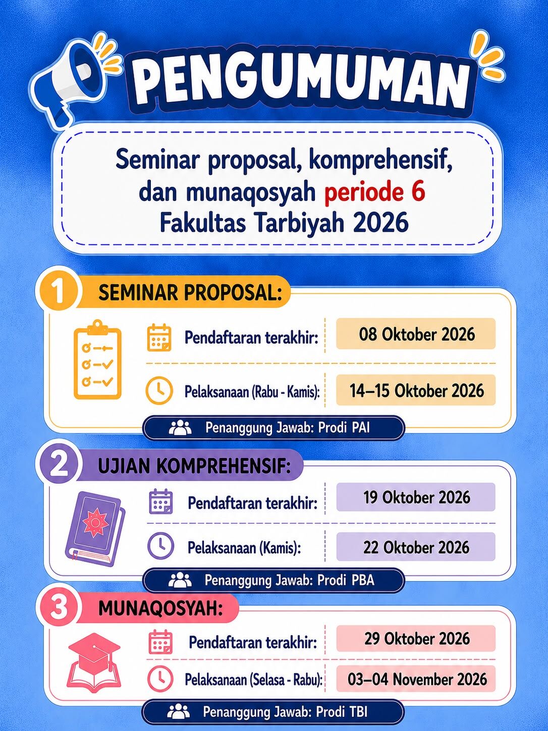 Jadwal Seminar Proposal, Komprehensif, dan Munaqosyah Periode VI